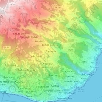 Mapa topográfico Camacha, altitud, relieve
