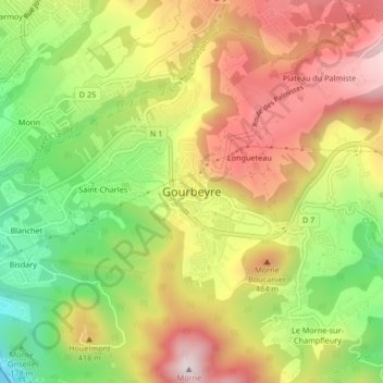 Mapa topográfico Gourbeyre, altitud, relieve