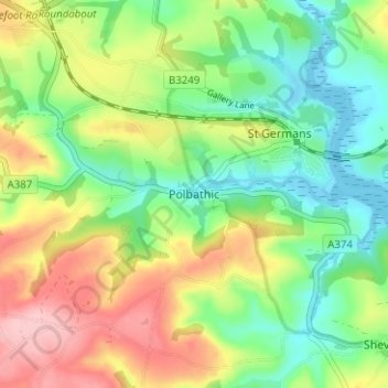 Mapa topográfico Polbathic, altitud, relieve