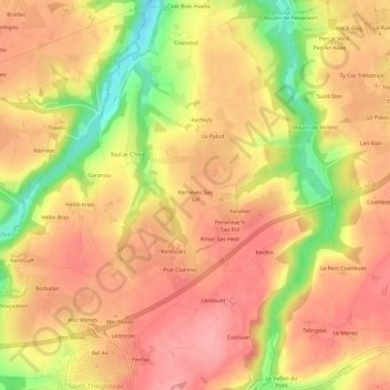 Mapa topográfico Kernevez Sao Eol, altitud, relieve