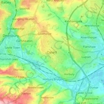 Mapa topográfico Ossett, altitud, relieve