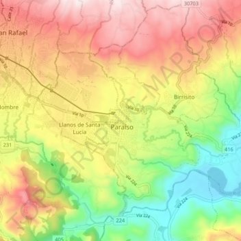 Mapa topográfico Paraíso, altitud, relieve