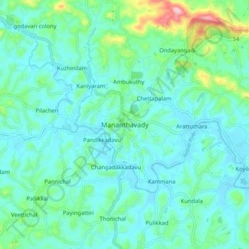 Mapa topográfico Mananthavady, altitud, relieve