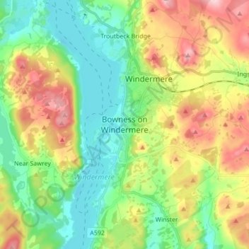 Mapa topográfico Bowness-on-Windermere, altitud, relieve