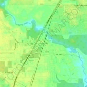 Mapa topográfico New Caney, altitud, relieve