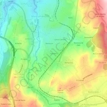 Mapa topográfico Seixalbo, altitud, relieve