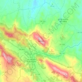 Mapa topográfico Marvão, altitud, relieve