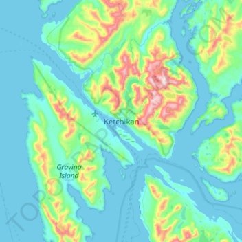 Mapa topográfico Ketchikan, altitud, relieve