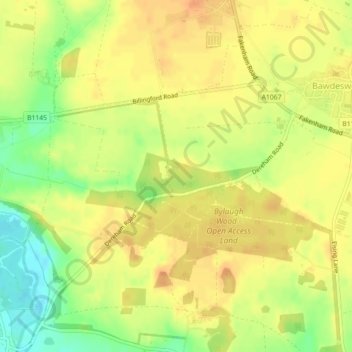 Mapa topográfico Bawdeswell Heath, altitud, relieve