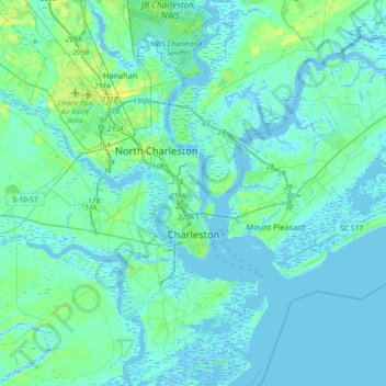 Mapa topográfico Charleston, altitud, relieve