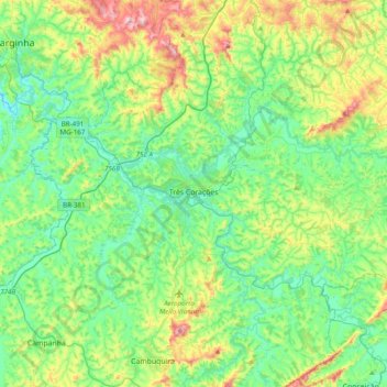 Mapa topográfico Três Corações, altitud, relieve