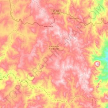 Mapa topográfico Presidente Kubitschek, altitud, relieve