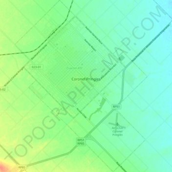 Mapa topográfico Coronel Pringles, altitud, relieve