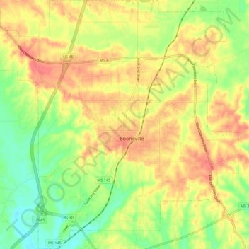 Mapa topográfico Booneville, altitud, relieve