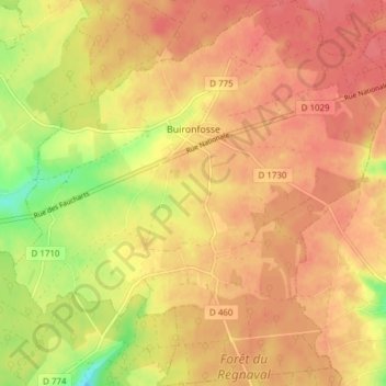 Mapa topográfico Buironfosse, altitud, relieve