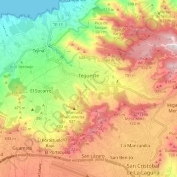 Mapa topográfico Tegueste, altitud, relieve
