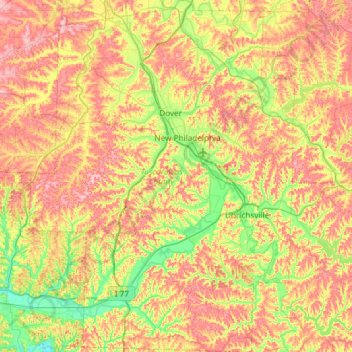 Mapa topográfico Tuscarawas County, altitud, relieve