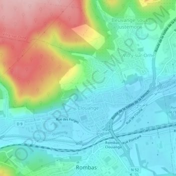 Mapa topográfico Clouange, altitud, relieve