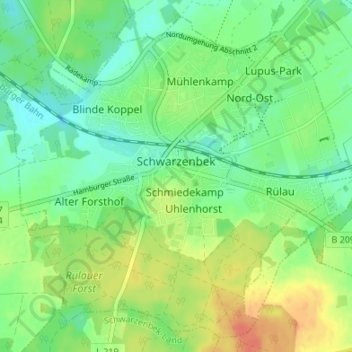 Mapa topográfico Schwarzenbek, altitud, relieve