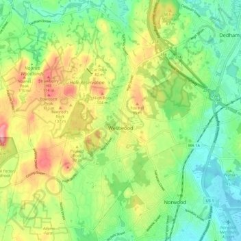 Mapa topográfico Westwood, altitud, relieve