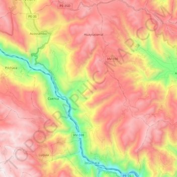 Mapa topográfico Acostambo, altitud, relieve