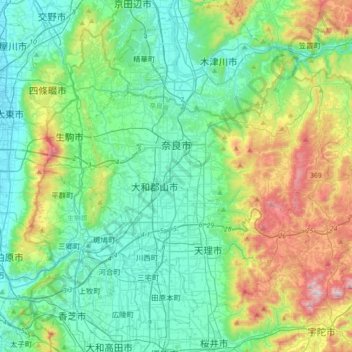 Mapa topográfico Nara, altitud, relieve