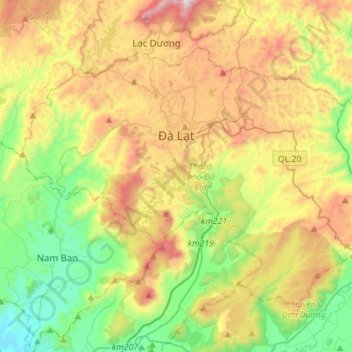 Mapa topográfico Đà Lạt, altitud, relieve