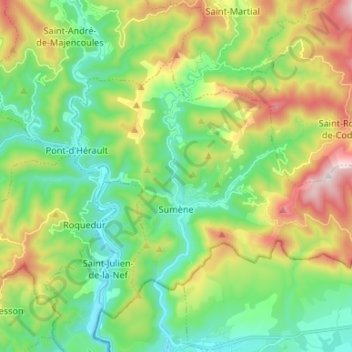 Mapa topográfico Sumène, altitud, relieve