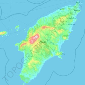 Mapa topográfico Rhodes, altitud, relieve