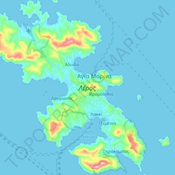 Mapa topográfico Leros, altitud, relieve