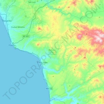 Mapa topográfico Municipio de Playas de Rosarito, altitud, relieve