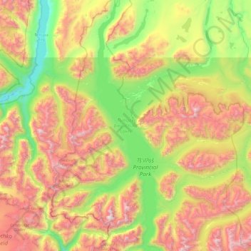 Mapa topográfico Tŝilhqox Biny (Chilko Lake), altitud, relieve