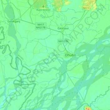 Mapa topográfico Dhubri, altitud, relieve