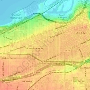 Mapa topográfico Detroit - Shoreway, altitud, relieve