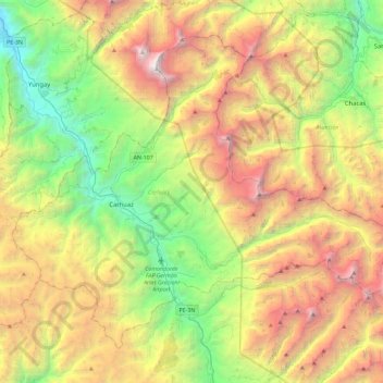 Mapa topográfico Carhuaz, altitud, relieve