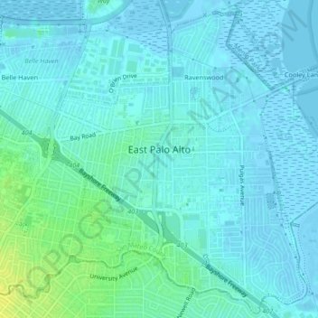 Mapa topográfico East Palo Alto, altitud, relieve