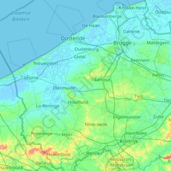 Mapa topográfico West Flanders, altitud, relieve