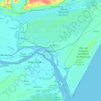Mapa topográfico Piaçabuçu, altitud, relieve