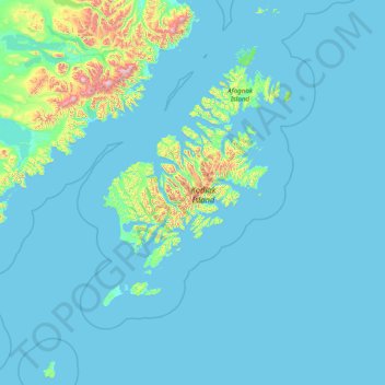 Mapa topográfico Kodiak Island, altitud, relieve