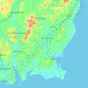 Mapa topográfico County Wexford, altitud, relieve