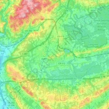 Mapa topográfico Bernards Township, altitud, relieve