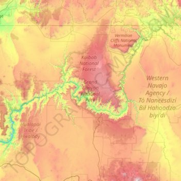 Mapa topográfico Grand Canyon National Park, altitud, relieve
