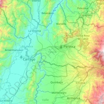Mapa topográfico Pereira, altitud, relieve