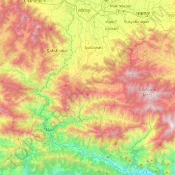 Mapa topográfico Lalitpur, altitud, relieve