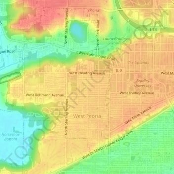 Mapa topográfico West Peoria, altitud, relieve