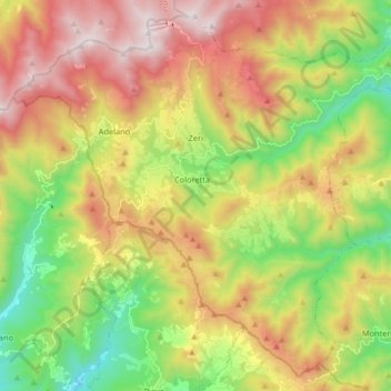 Mapa topográfico Zeri, altitud, relieve
