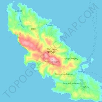Mapa topográfico Paxos, altitud, relieve
