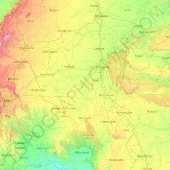 Mapa topográfico Chittorgarh, altitud, relieve