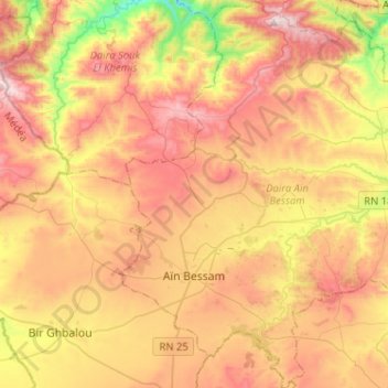 Mapa topográfico Aïn Bessam, altitud, relieve