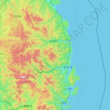 Mapa topográfico 下閉伊郡, altitud, relieve